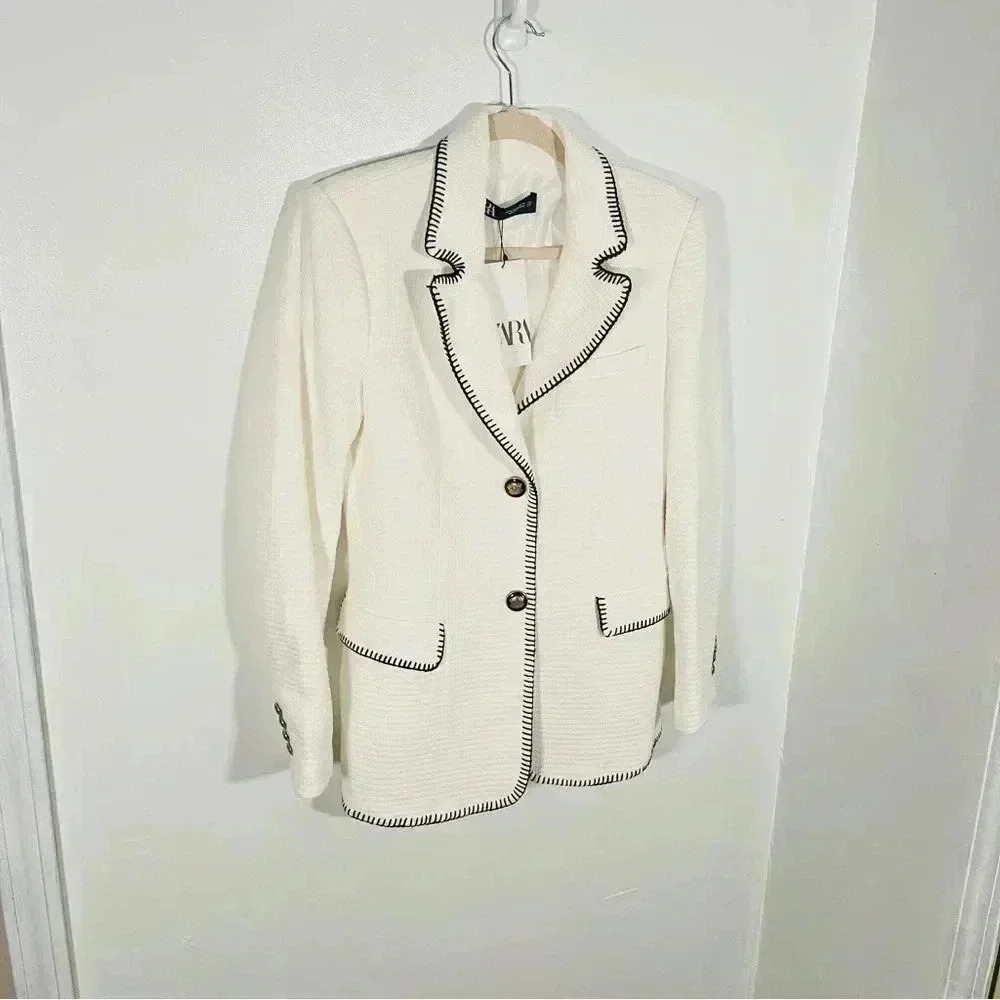 NWT Zara Seamed Straight-Cut Blazer Oyster White - Picture 4 of 8